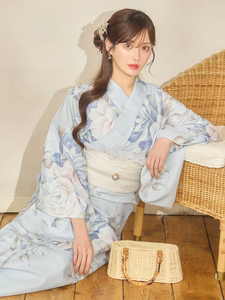 【即日発送】クラシカルローズブルー浴衣【浴衣３点セット 浴衣/帯/下駄】5