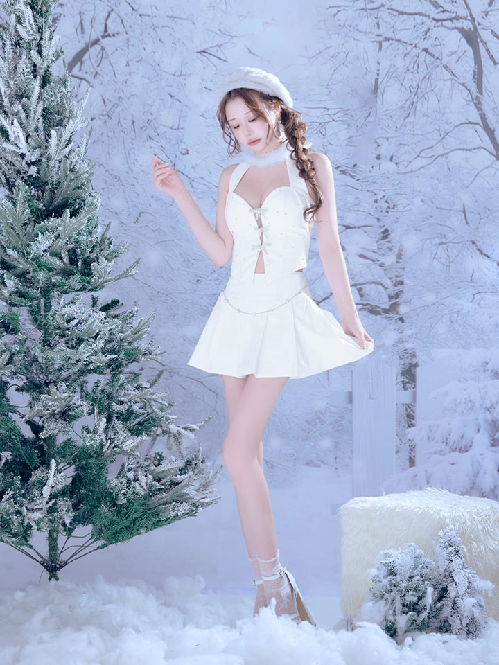 【ANIER./アニエル】【ROBE de FLEURS/ローブドフルール】ファーチョーカー取り外し可能/ Ribbon suede flared setup mini Santa/ セットアップ/ ミニドレス/ キャバドレス2