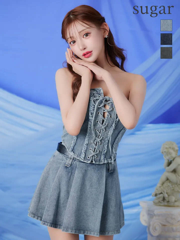 【Anier ROBE./アニエルローブ】【ROBE de FLEURS/ローブドフルール】Denim race up belt setup mini dress/ デニム/ レースアップ/ ベルト/ セットアップ/ ミニドレス/ キャバドレス