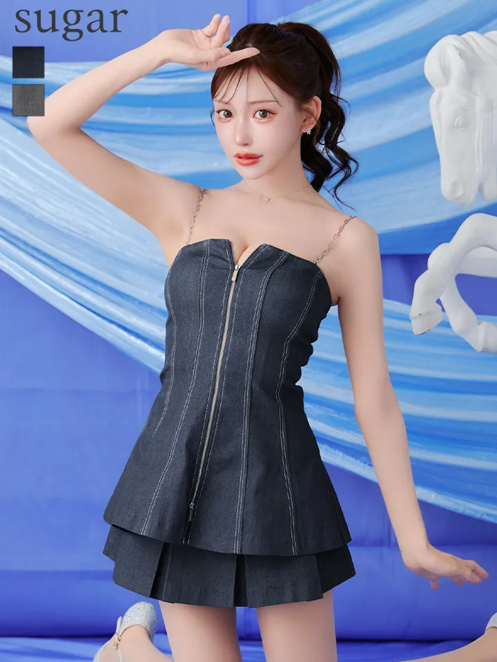 【Anier ROBE./アニエルローブ】【ROBE de FLEURS/ローブドフルール】Denim center zip flare setup mini dress/ デニム/ センタージップ/ フレア/ セットアップ/ ミニドレス/ キャバドレス
