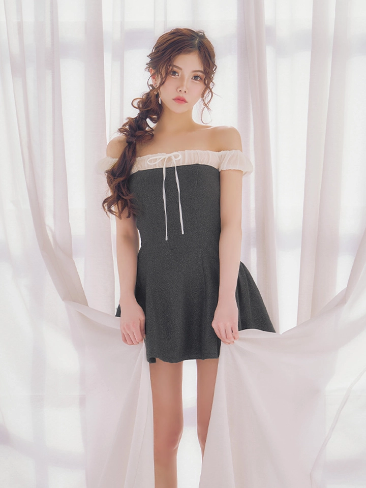 【ANIER./アニエル】【ROBE de FLEURS/ローブドフルール】Glitter flannel off-the-shoulder mini dress/ グリッター/ フランネル/ オフショルダー/ ミニドレス/ キャバドレス4