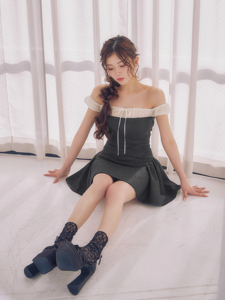 【ANIER./アニエル】【ROBE de FLEURS/ローブドフルール】Glitter flannel off-the-shoulder mini dress/ グリッター/ フランネル/ オフショルダー/ ミニドレス/ キャバドレス5