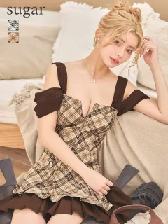 【an/アン】チェック柄/ 4way/ 袖取り外し可能/ フロントジップ/ オフショルダー/ キャミ/ ベア/ リボン/ ハイウエスト切替/ プリーツ/ フレア/ ミニドレス/ キャバドレス