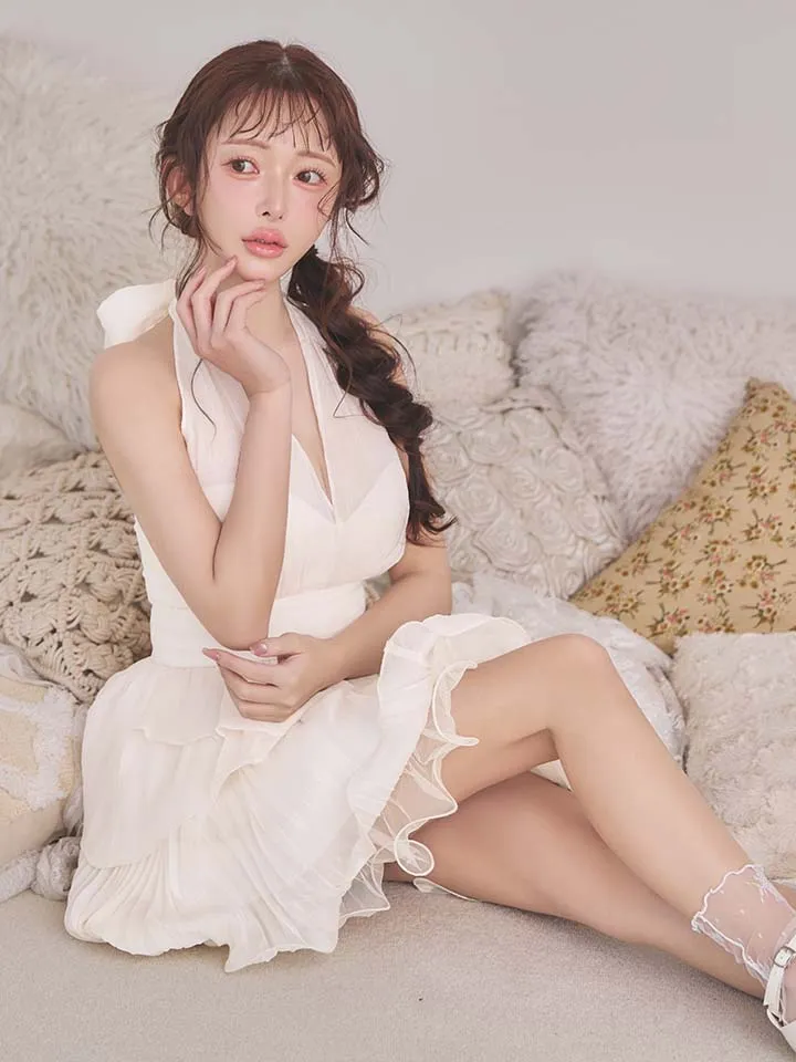 【an/アン】ホルターネック/ シアー/ リボン/ シフォン/ プリーツ/ ハイウエスト/ Vネック/ ペプラム/ ティアード/ フリル/ フレア/ ミニドレス/キャバドレス1