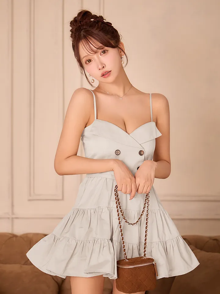 【ROBE de FLEURS/ローブドフルール】光沢ツイル/ダブルボタン/ ティアード/ キャミ/ フレア/ ミニドレス/ キャバドレス3