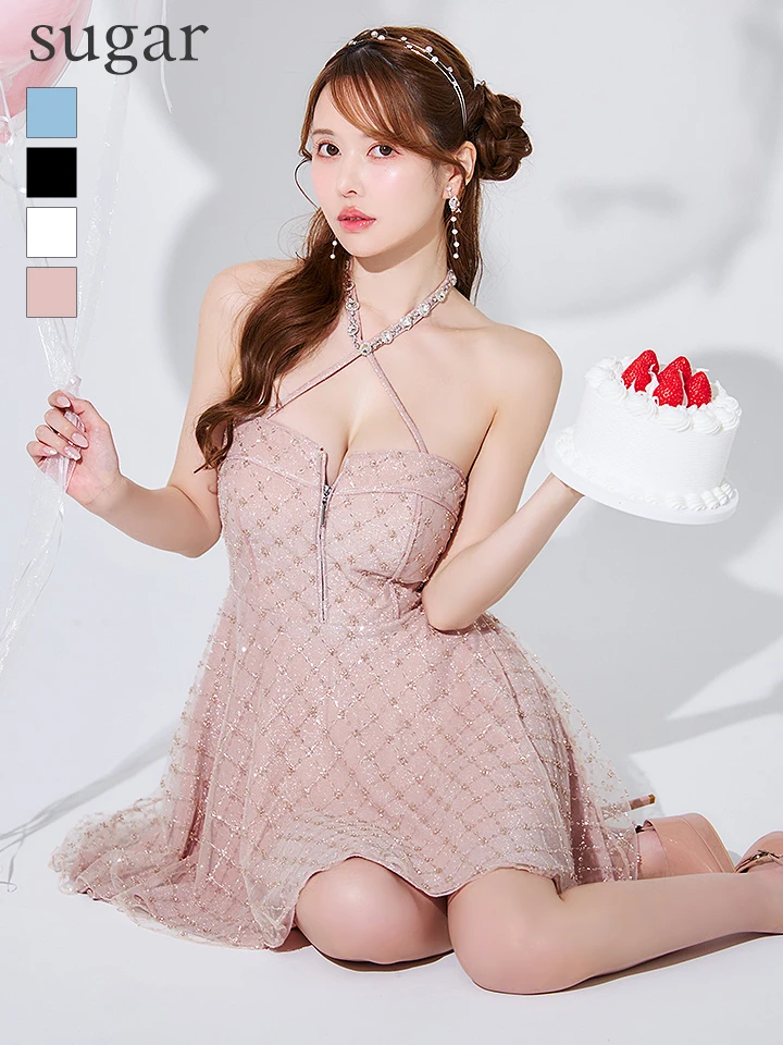 【ROBE de FLEURS/ローブドフルール】ビジュー/ ホルター/ ラメニット/ フレア/ ミニドレス/ キャバドレス