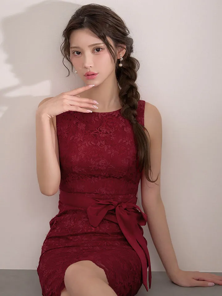 【GINZA COUTURE/銀座クチュール】総レース/ ウエストリボン/ ノースリーブ/ タイト/ 膝丈/ ミディアムドレス/ キャバドレス1