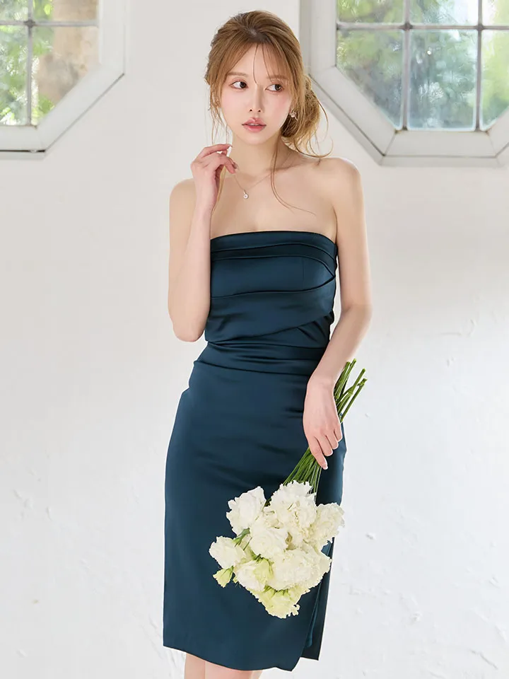 【ANDY/アンディ】シンプル/ ワンカラー/ ベア/ ひざ丈/ タック/ タイト/ スリット/ ミディアムドレス4