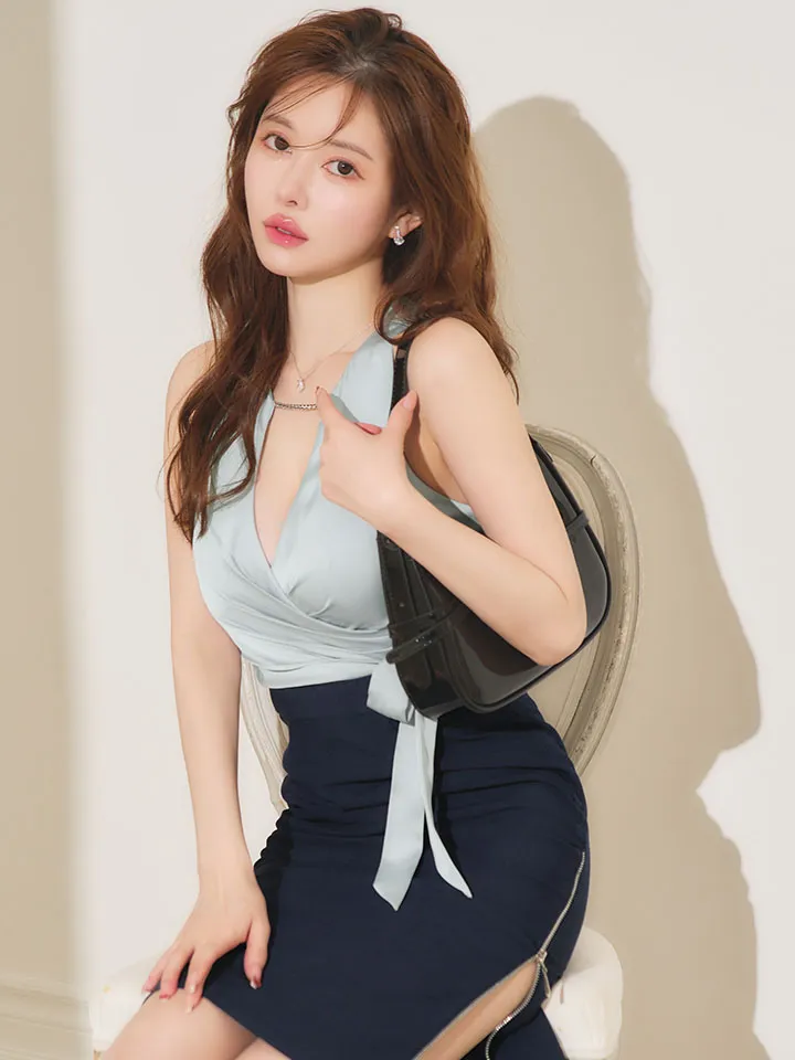 【Veautt/ヴュート】【OF05】ウエストクロス/ バストタック/ リボン/ バイカラー/ チェーン/ サイドファスナー/ タイト/ ミディアムドレス/ キャバドレス2