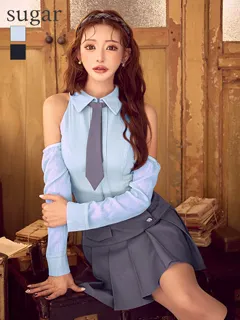 【an /アン】4way/ 袖取り外し可能/ ネクタイ付き/ 襟/ フロントジップ/ アメスリ/ プリーツ/ フレア/ セットアップ/ ミニドレス/ キャバドレス