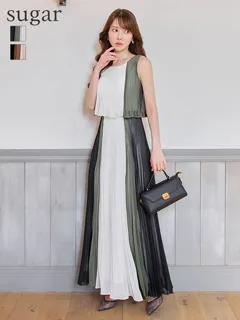 【JEAN MACLEAN/ジャンマクレーン】シフォン/ メロウ/ プリーツ/ マルチカラー/ ノースリーブ/ フレア/ ワンピース/ ロングドレス/ キャバドレス