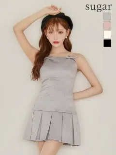 【ROBE de FLEURS/ローブドフルール】サテン/ ビジュー/ リボン/ ボックスプリーツ/ フレア/ キャミソール/ミニドレス/ キャバドレス