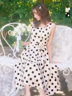  【GINZA COUTURE/銀座クチュール】ドット/ サテンジャガード/ 花柄/ ノースリーブ/ リボンベルト/ Aライン/ フレア/ ワンピース/ ミディアムドレス/ キャバドレス