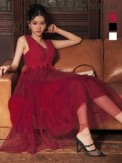 【Veautt/ヴュート】【OF05】ノースリーブ/ ウエストフリル/ ペプラムデザイン/ チュール/ シフォン/ ロングフレア/ ミディアムドレス/ キャバドレス