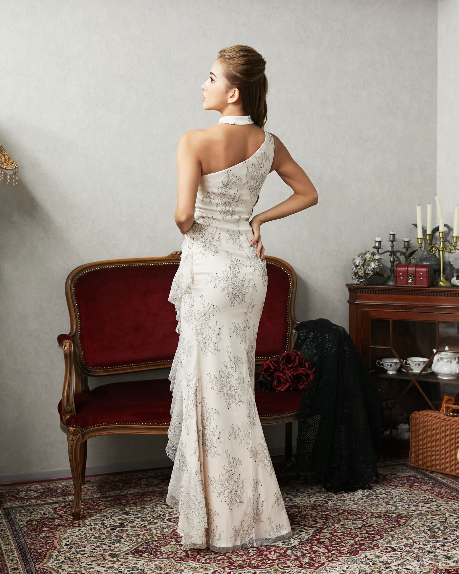 Xlサイズあり Luxe Style リュクススタイル 総レース ワンショル チョーカー付き ロングドレス キャバドレス Long