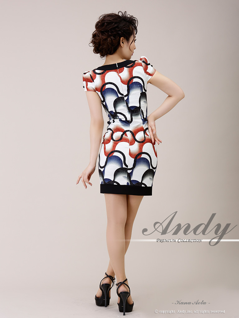 Andy 目を惹く個性的なデザインワンピで差を付ける 幾何学柄タイトキャバミニワンピースドレス S Mサイズ レッドプリント