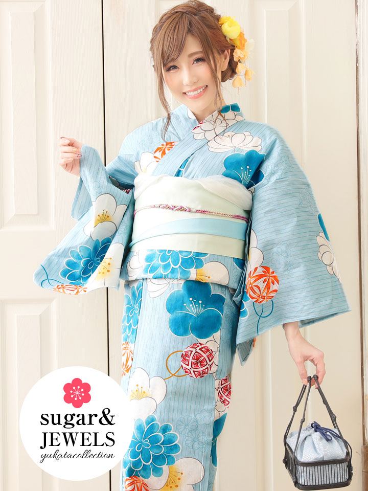 浴衣 水色地x花毬模様浴衣セット Yobi030wh Yhimo8 19obi 22 Hc02