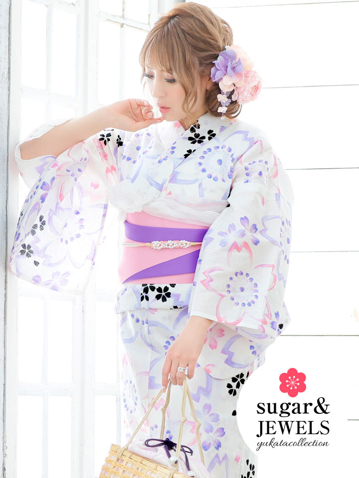 浴衣 白地x桜の花模様浴衣セット Yobi030wh Yhimo5 19obi 8 Cg 17 P Hc02