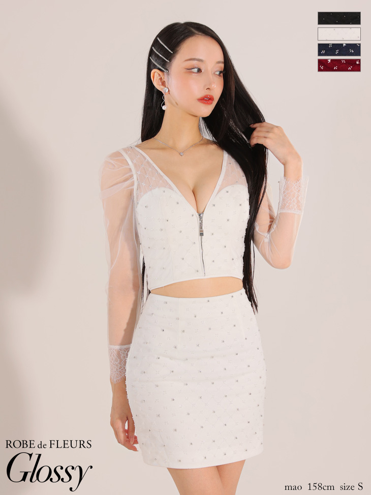 XSサイズあり【ROBE de FLEURS Glossy/ローブ・ド・フルール グロッシー】長袖/ レース/ ラップ/ ビーズ/ チュール/ セットアップ/ タイト/ ミニドレス/ キャバドレス[OF2]