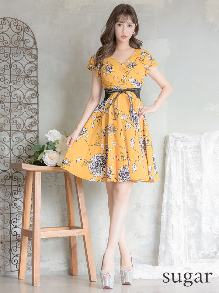 Xlサイズあり Alice アリス フラワープリント フレア ワンピース ミディアム丈 ミニドレス キャバドレス