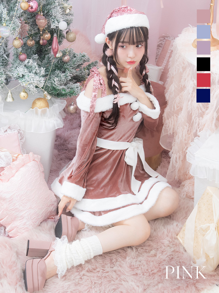 【一部予約 / 11月下旬発送予定】【サンタコス 4点セット】【XS-XLサイズ/8カラー】グリッターリボン2段フレアサンタコスプレ[OF01]