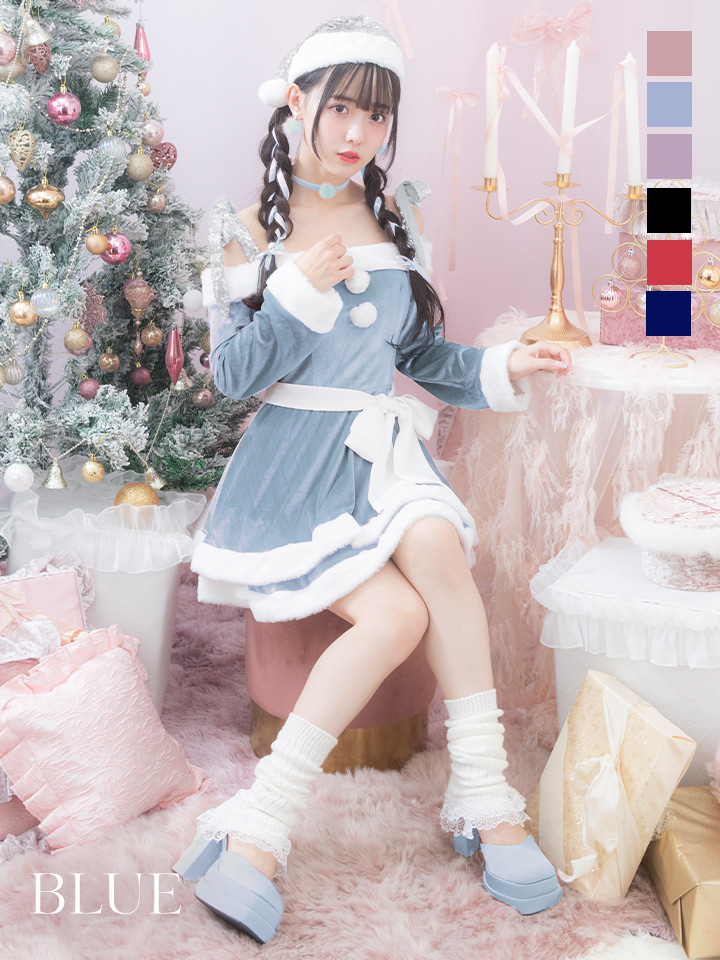 【一部予約 / 11月下旬発送予定】【サンタコス 4点セット】【XS-XLサイズ/8カラー】グリッターリボン2段フレアサンタコスプレ[OF01]