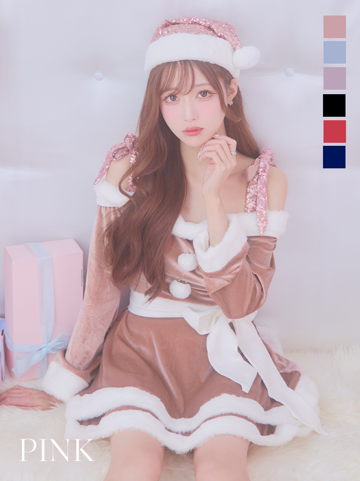 【一部予約 / 11月下旬発送予定】【サンタコス 4点セット】【XS-XLサイズ/8カラー】グリッターリボン2段フレアサンタコスプレ[OF01]