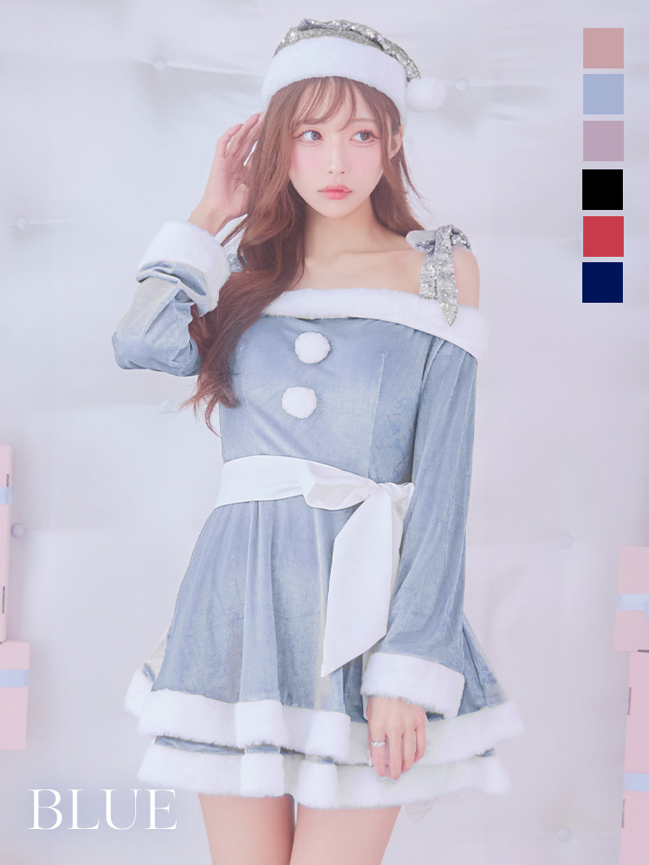 【一部予約 / 11月下旬発送予定】【サンタコス 4点セット】【XS-XLサイズ/8カラー】グリッターリボン2段フレアサンタコスプレ[OF01]