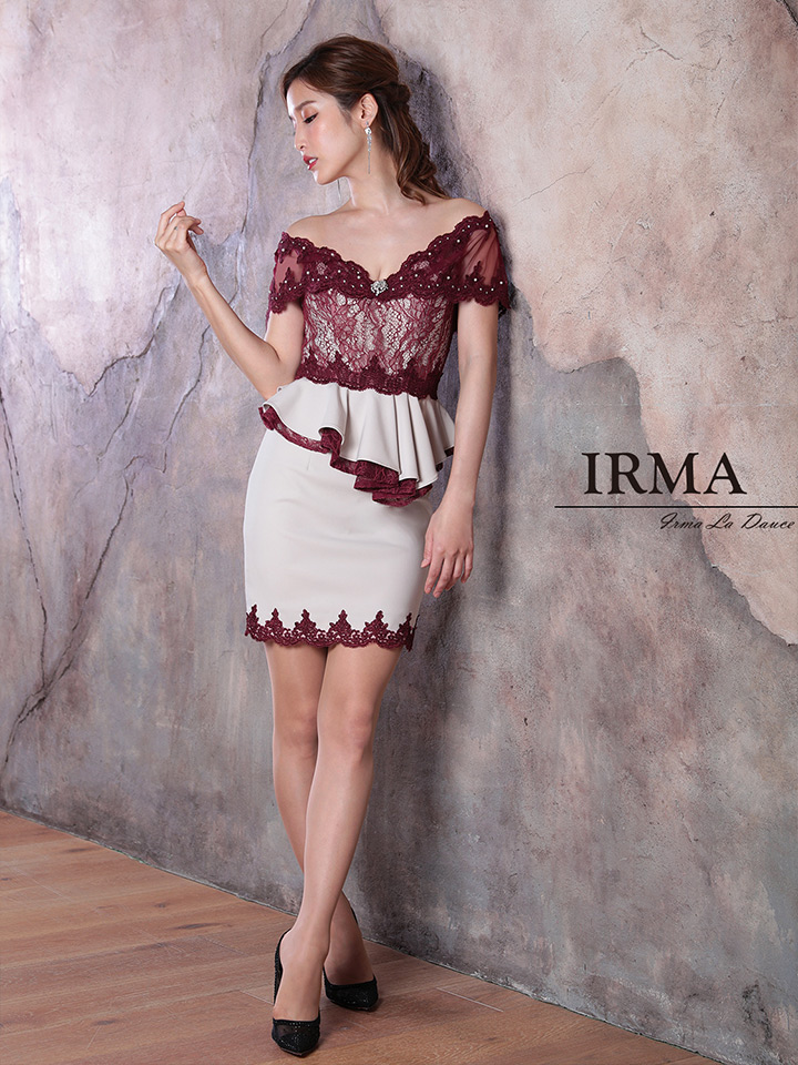 Irma イルマ レース切り替え オフショル ペプラム タイトバイカラー ミニドレス キャバドレス