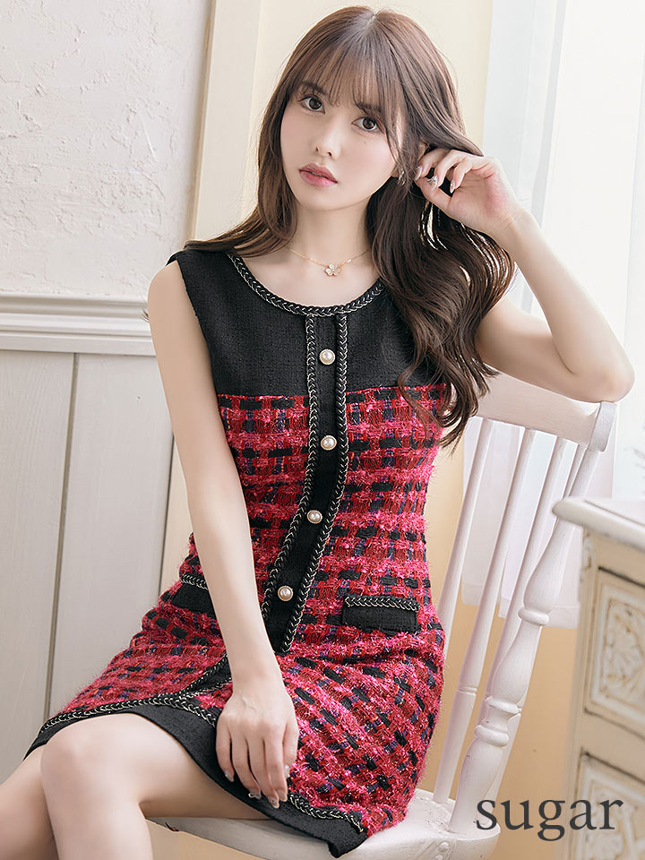 An アン ツイード ワンピース ノースリーブ ミニドレス キャバドレス