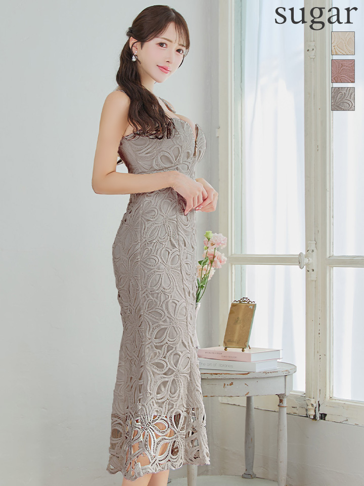 Lサイズあり【DEA.by ROBE de FLEURS/ディアバイローブドフルール】リボン柄レース/ バストジップ/ マーメイド/ ロング/ ワンピース/ ミモレ丈/ マキシ丈/ ミディアムドレス/ キャバドレス long[OF2]