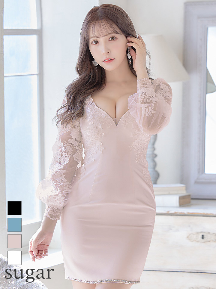 XSサイズあり】【ROBE de FLEURS Glossy/ローブ・ド・フルール グロッシー】フラワーチュール/ 長袖/ ワンカラー/ タイト/  ミニドレス/ キャバドレス