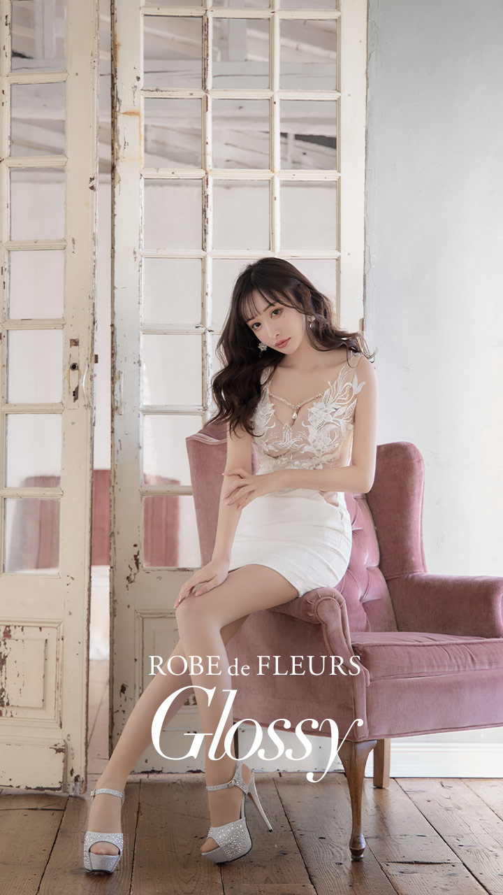 ROBE de FLEURS Glossy/ローブ・ド・フルール グロッシー】ビジューチェーン/ フラワー刺繍/ シアー/ タイト/ ミニドレス/  キャバドレス[OF2] - キャバドレス専門店 sugar (シュガー)