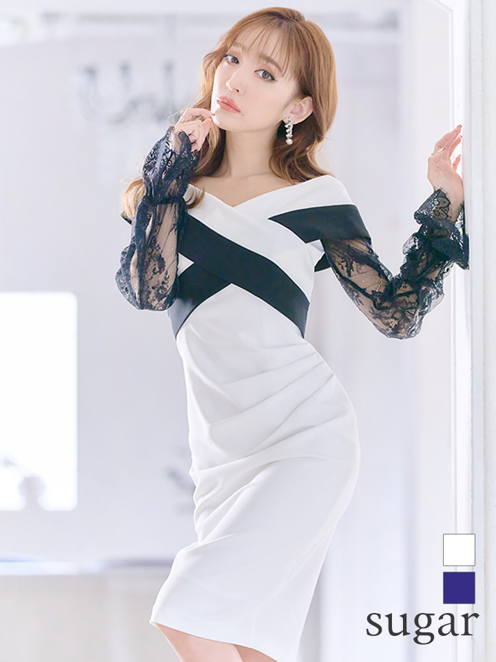 Lサイズあり Vanessa Heart ヴァネッサハート バイカラー 袖あり 長袖 レース ワンピース ミディアム丈 タイト ミニドレス キャバドレス