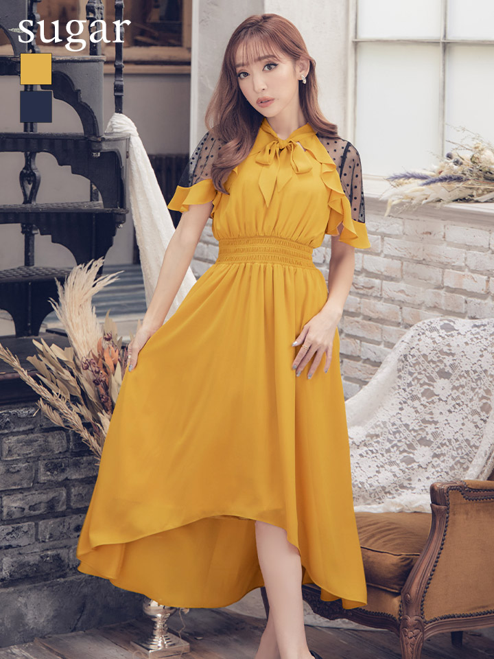 Vanessa Heart ヴァネッサハート ネックリボン レース 袖あり ミモレ丈 ワンピース キャバドレス