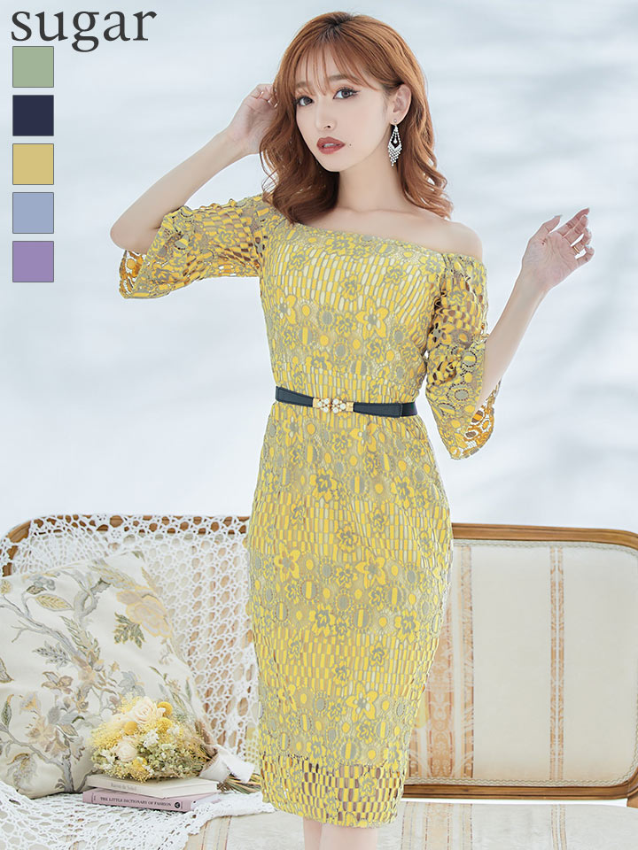 Lサイズあり Vanessa Heart ヴァネッサハート 総レース オフショル 七分袖 長袖 ミディアム丈 膝丈 ワンピース キャバドレス