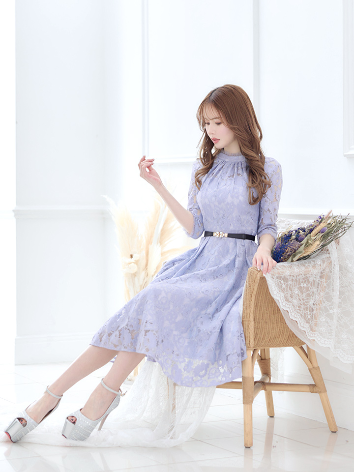 Vanessa Heart ヴァネッサハート ワンピース ベルト付き 七分袖 袖あり 総レース ミディアム丈 キャバドレス