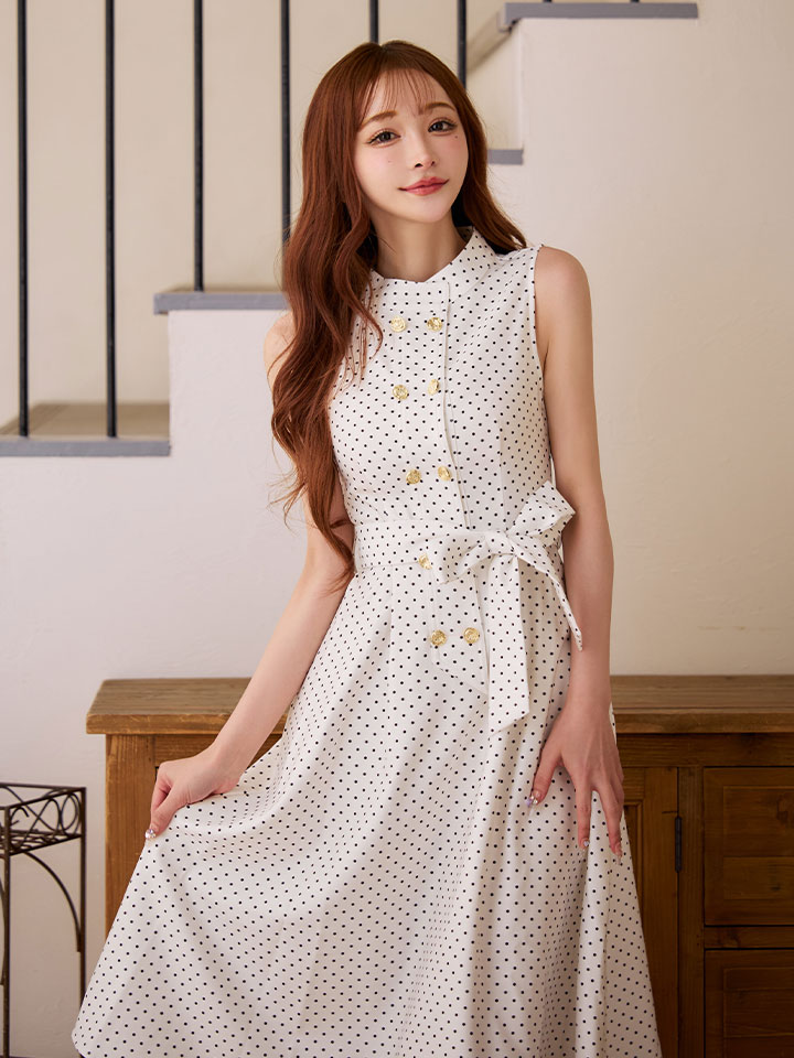 【GINZA COUTURE/銀座クチュール】ドット/ ボタン/ ハイネック/ ノースリーブ/ Aライン/ フレア/ 膝丈/ ミディアムドレス/ キャバドレス2