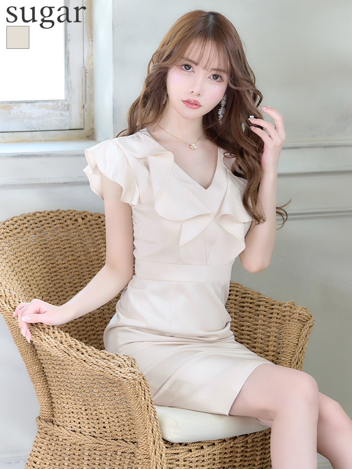 Xs Lサイズあり Erukei エルケイ ワンカラー Vネック フリル袖 袖あり ミディアム丈 ワンピース タイト ミニドレス キャバドレス