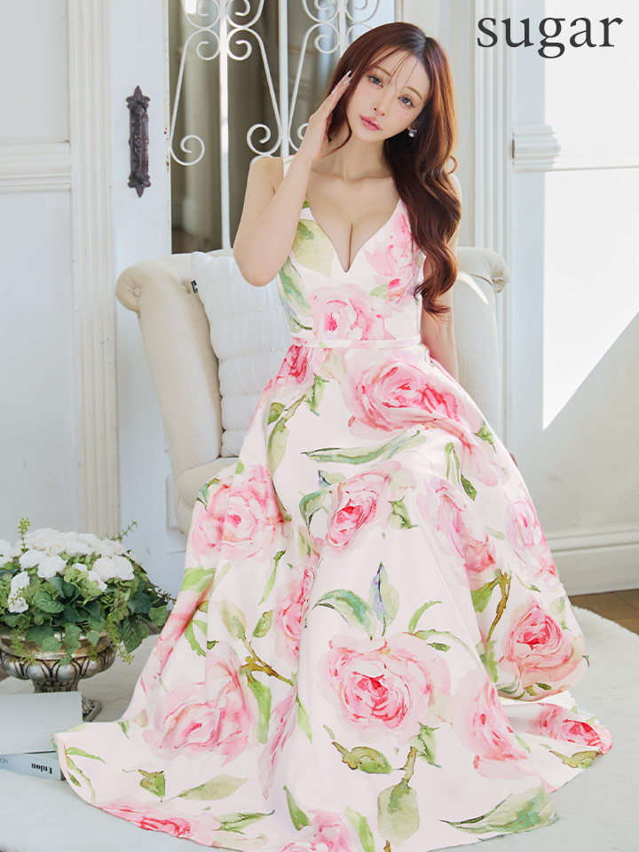 【SETTAN/セッタン】フラワープリント/ Vネック/ ノースリーブ/ フレア/ ロングドレス / キャバドレス1