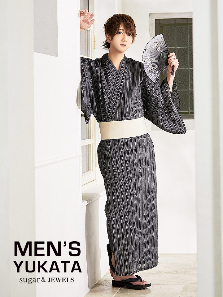 メンズ浴衣 黒地に縞模様 浴衣 帯 下駄セット Mk S7 Of03