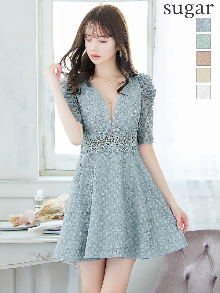 Donia Quinn ドニアクイーン パフスリーブ 半袖 袖あり レース Aライン ワンピース ミニドレス キャバドレス