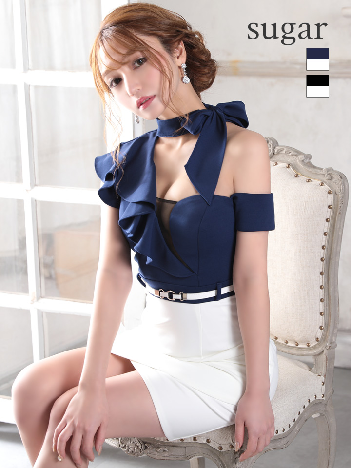 人気の為再入荷 Andy Glamorous アンディグラマラス バイカラー リボンネック シアーレース タイト ミニドレス キャバドレス