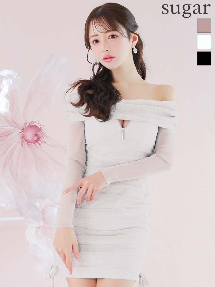 【予約商品/5月下旬発送予定】XSサイズあり【Andy GLAMOROUS/アンディグラマラス】ラメ/ ストレッチ/ バストジップ/ オフショル/ 袖あり/ 長袖/ サイドリボン/ タイト/ ミニドレス/ キャバドレス[OF05]