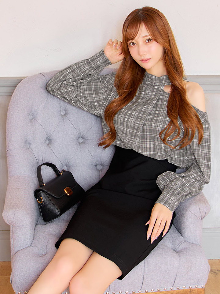 【Veautt/ヴュート】【OF05】アシンメトリーカット/ ロングスリーブ/ チェック/ バイカラー/ ミディアムドレス/ キャバドレス