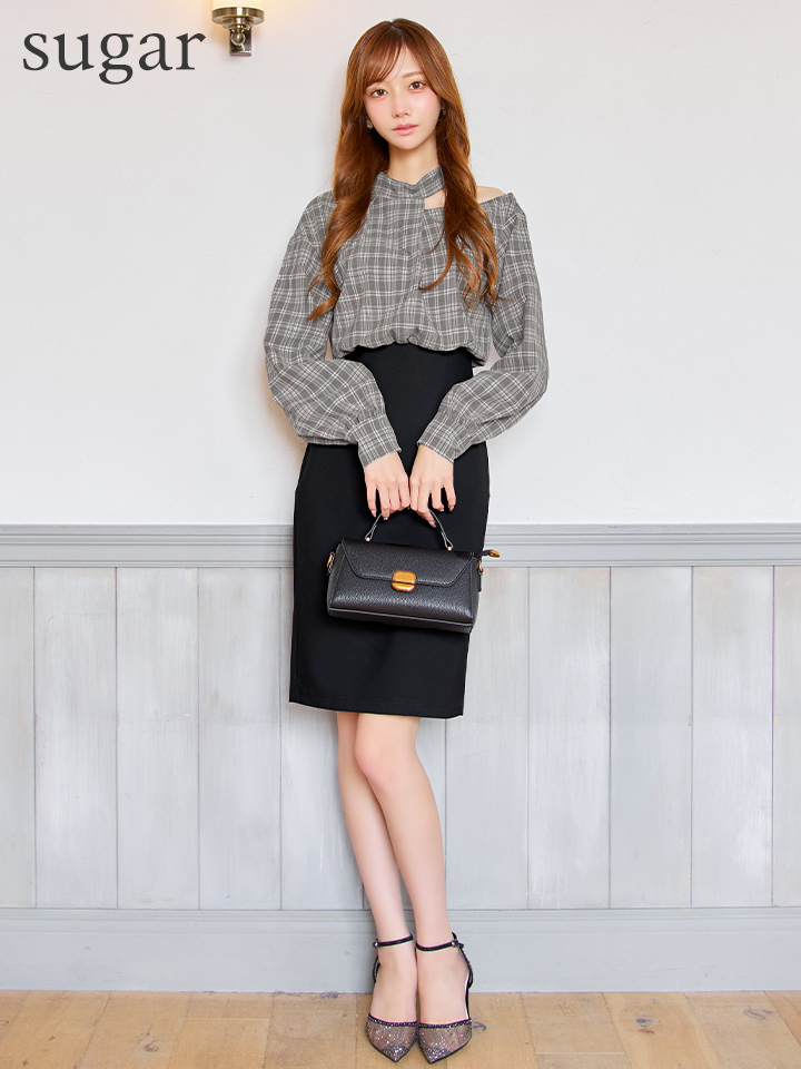 【Veautt/ヴュート】【OF05】アシンメトリーカット/ ロングスリーブ/ チェック/ バイカラー/ ミディアムドレス/ キャバドレス