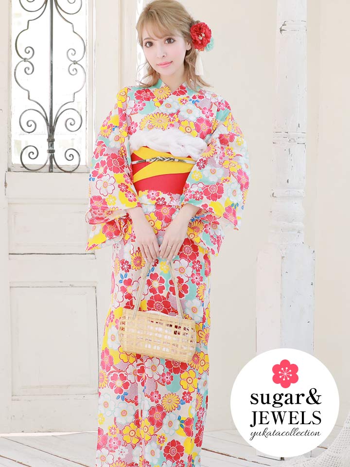 浴衣 カラフル花模様浴衣セット 19obi 1 19himo Bk Yobi 030 Wh Hc02
