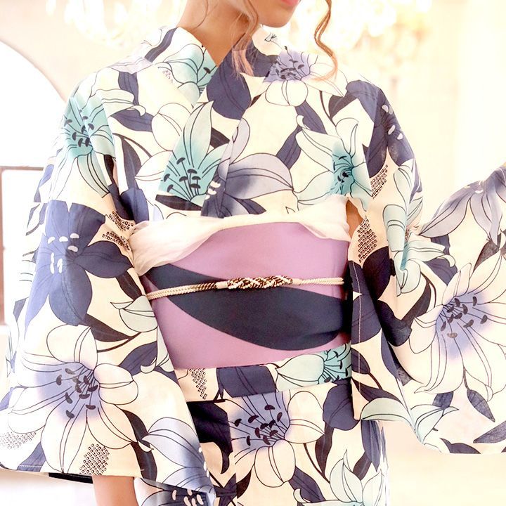 即日発送 浴衣 白地に青い百合浴衣セット 19obi 17 19himo Bk Yobi 030 Wh Hc02