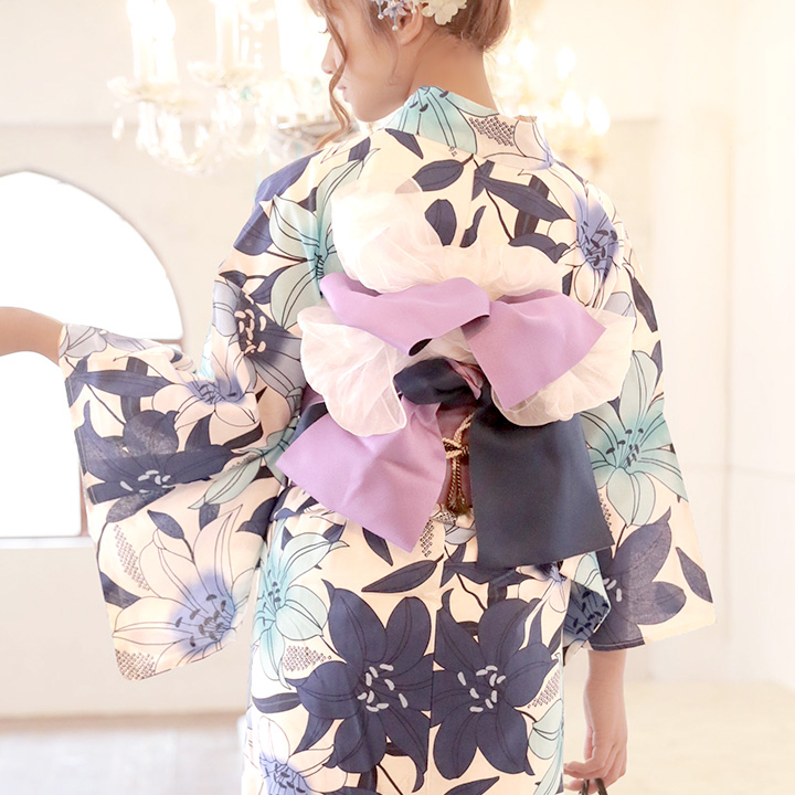 即日発送 浴衣 白地に青い百合浴衣セット 19obi 17 19himo Bk Yobi 030 Wh Hc02