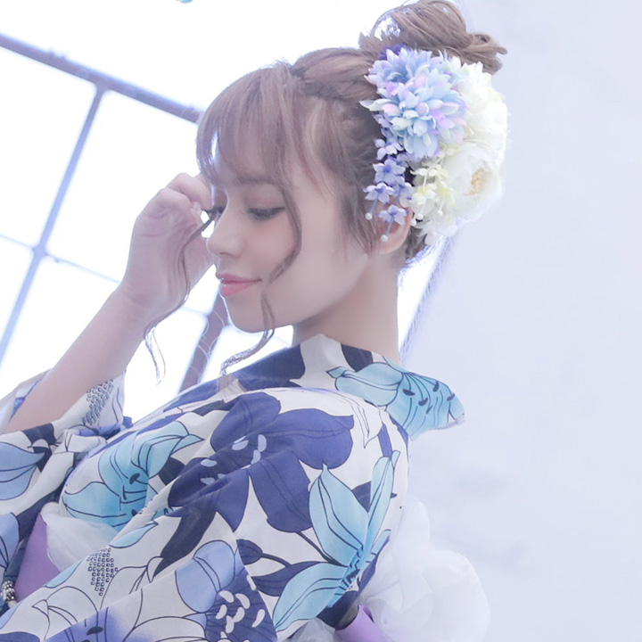 即日発送 浴衣 白地に青い百合浴衣セット 19obi 17 19himo Bk Yobi 030 Wh Hc02